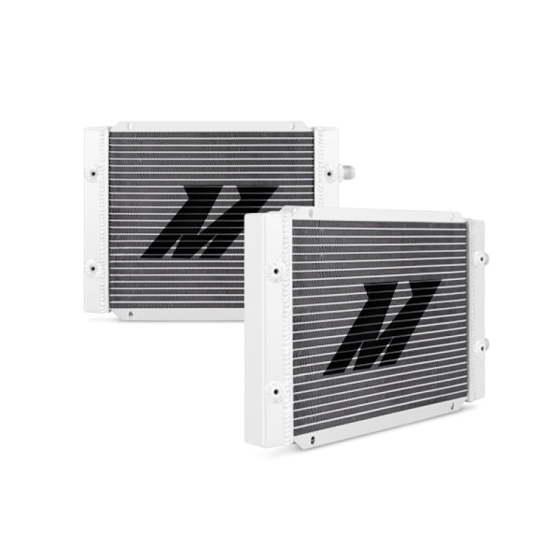 Mishimoto dual pass oil cooler showing 8mm external cooling fins and bar-and-plate core