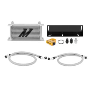 Mishimoto 19-row oil cooler kit mounted in the front bumper of a Fox Body Ford Mustang
