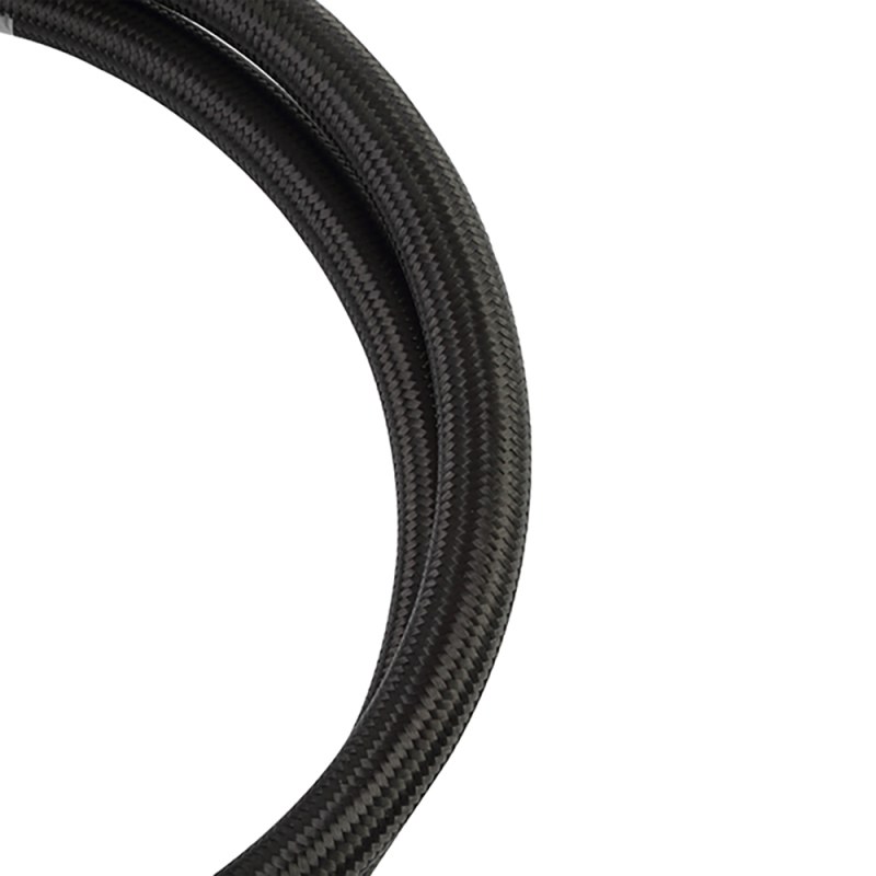 Close-up of Mishimoto black nylon braided line for performance radiator