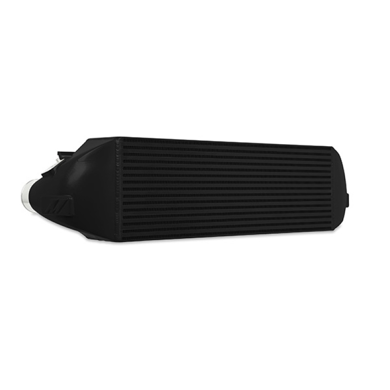 Front angle view of Mishimoto performance intercooler core showing 4.3-inch-thick bar-and-plate design