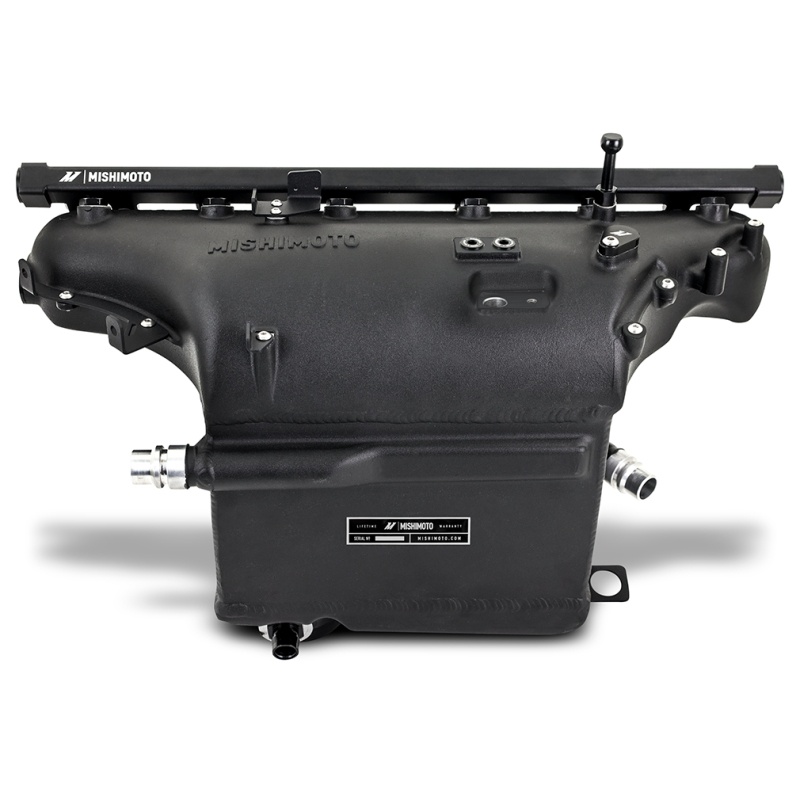 Mishimoto forced induction manifold shown with black powder-coated piping and silicone couplers