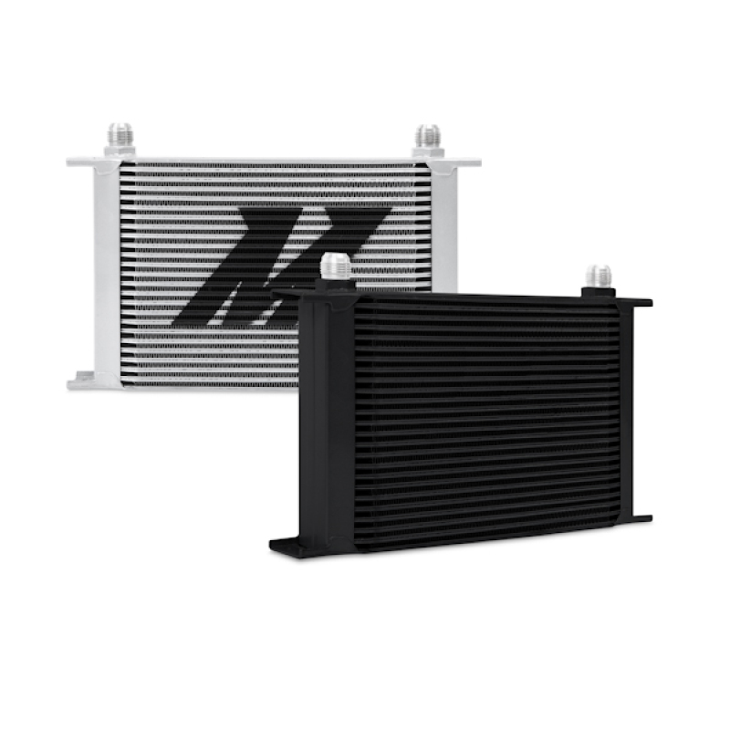 Side view of Mishimoto 25-row oil cooler core highlighting compact 1.77 in width