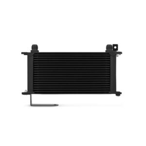 Mishimoto black 19-row oil cooler kit mounted in the front bumper of a 2008-2014 Subaru WRX STI