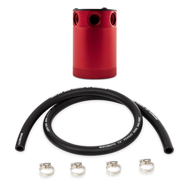 Red 6061 aluminum Mishimoto 3-Port oil catch can with universal mounting bracket