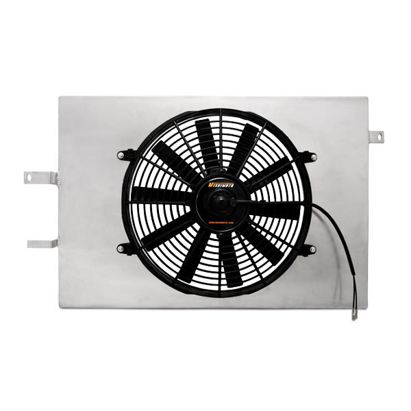 Mishimoto Mustang fan shroud kit showing black straight plastic fan blades
