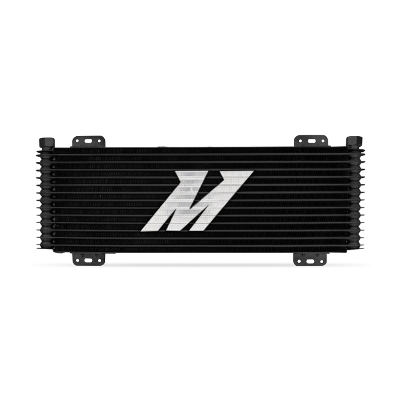 Black Mishimoto stacked plate cooler measuring 22.85in x 7.10in x 1.25in, angled view