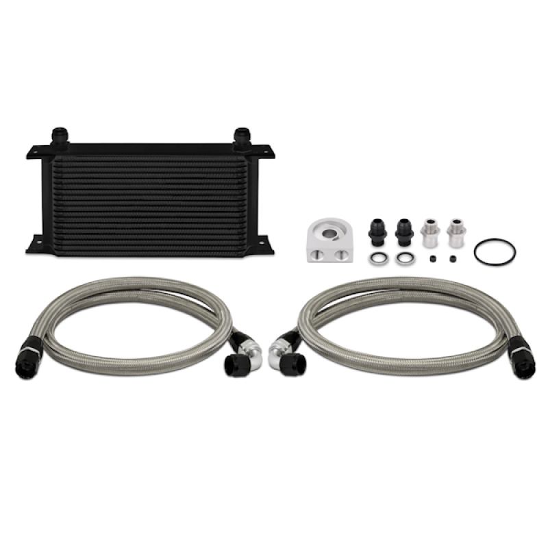 Black anodized 19-row bar-and-plate oil cooler core measuring 5.43 x 11 inches