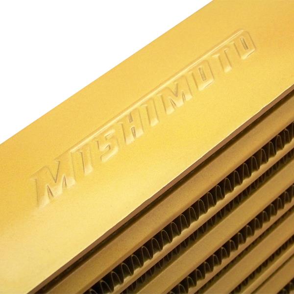 Mishimoto tube-and-fin aluminum intercooler core finished in gold for smaller turbo applications