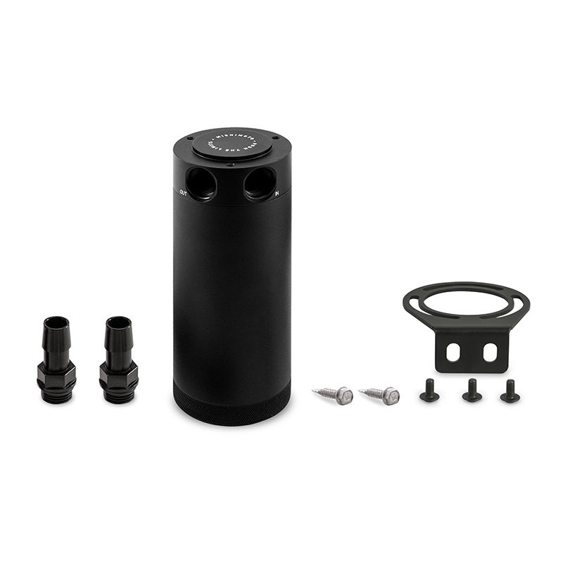 Mishimoto oil catch can showing 50-micron bronze filter and internal air diverter