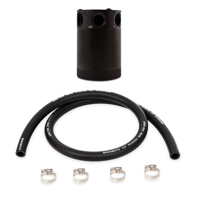 Black anodized Mishimoto 3-Port oil catch can showing M16x1.5 inlet and outlet ports