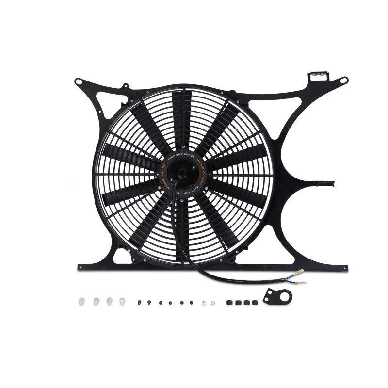 16-inch Mishimoto electric fan producing over 1850 CFM mounted on E36 fan shroud