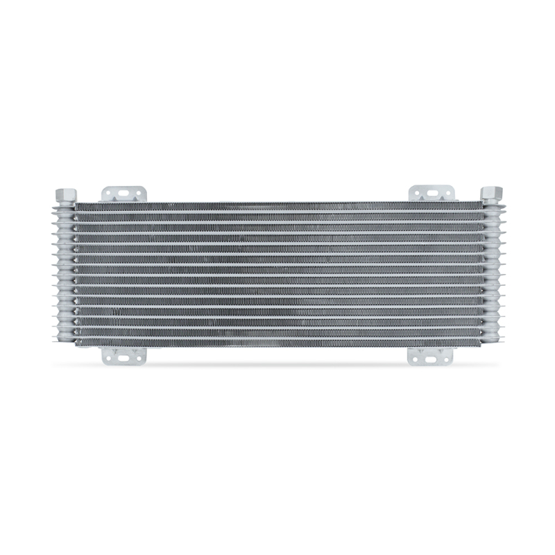 Close-up of Mishimoto MMTC-SP-13SL stacked plate cooler rows in silver
