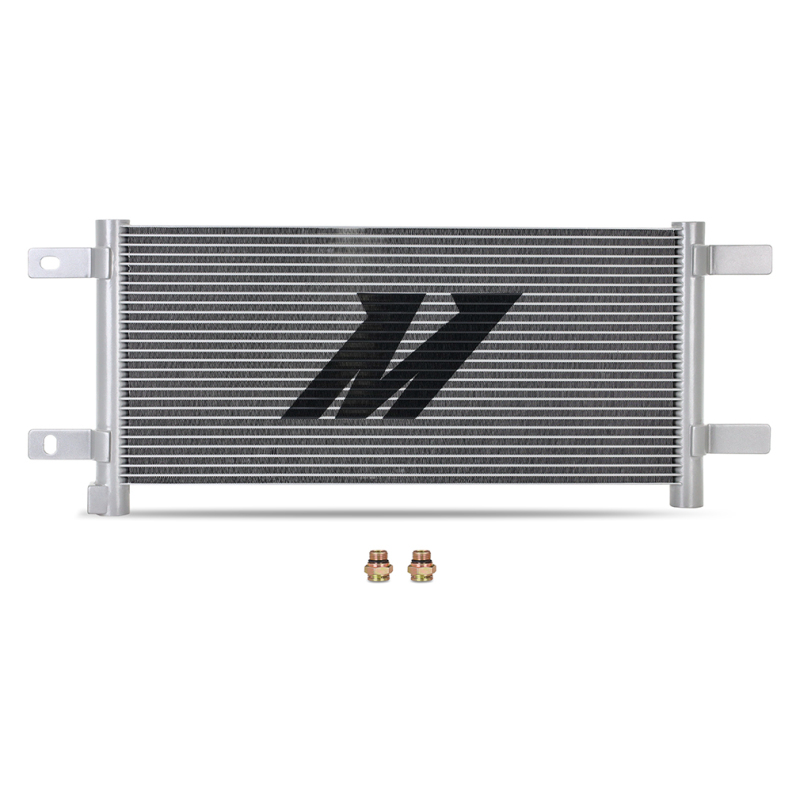 Mishimoto transmission cooler in silver finish for Ram 6.7L Cummins truck