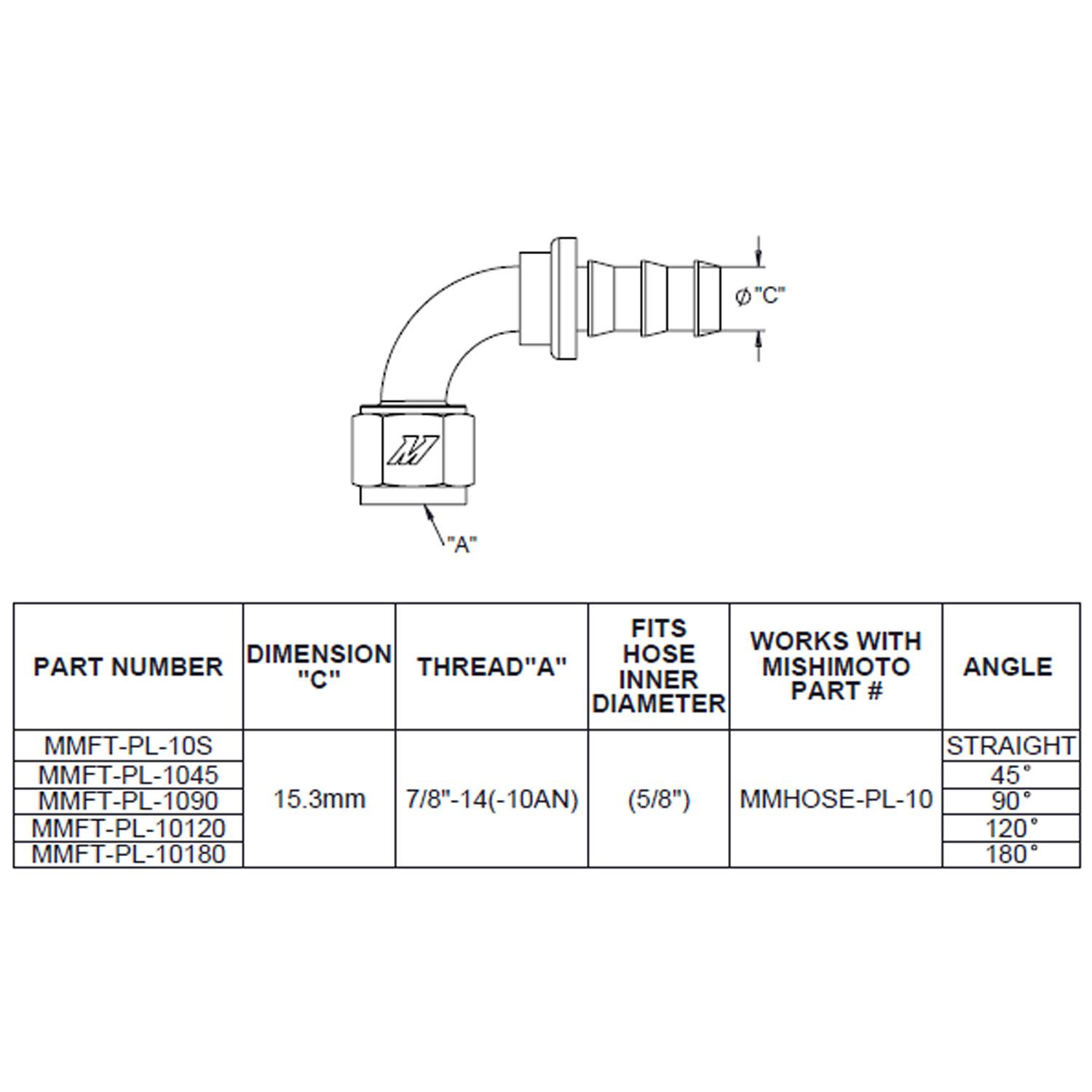 Mishimoto push lock fitting showing 7/8 in - 14 UNF threaded end and -10AN push-lock connection