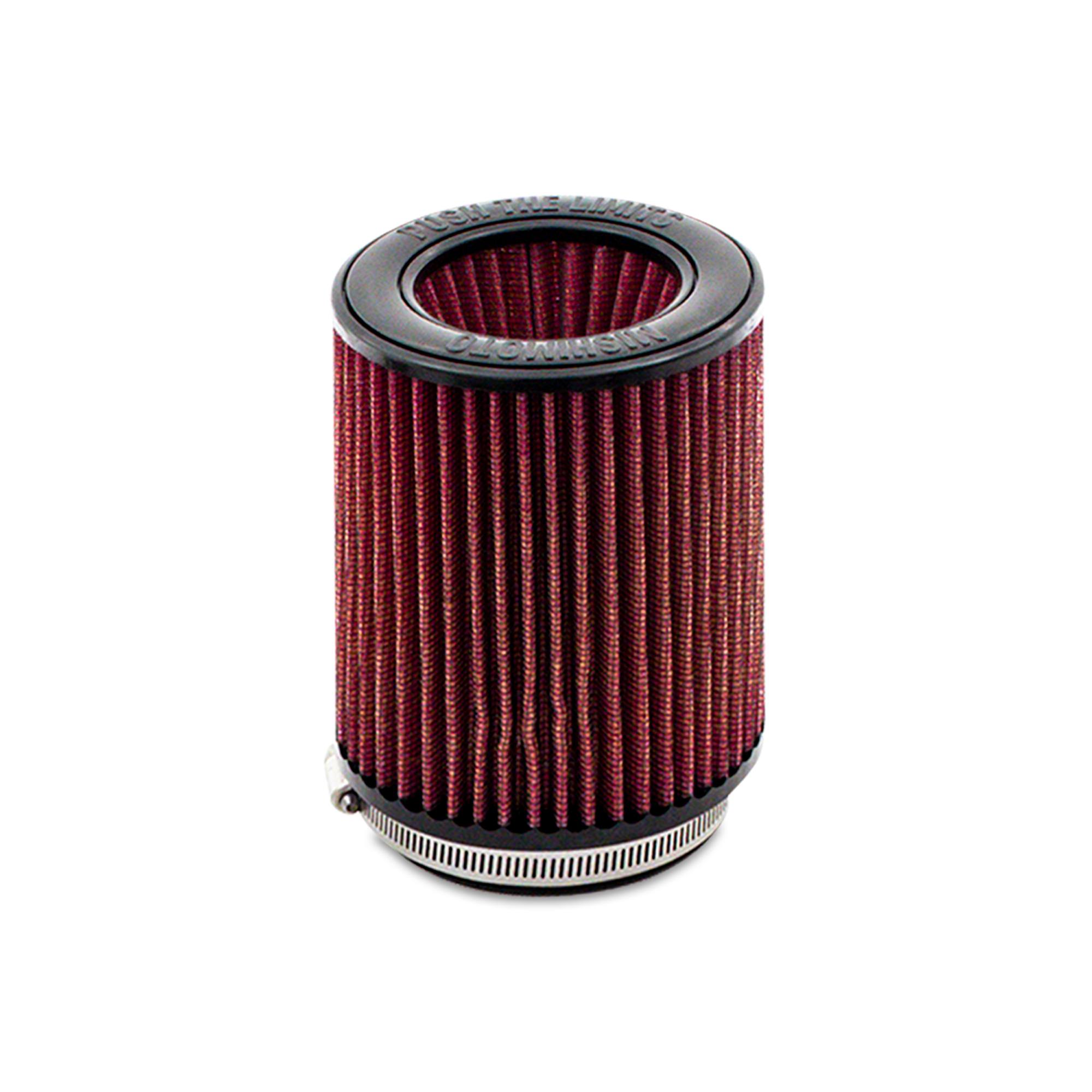 Mishimoto reusable high-flow air filter shown with included worm gear clamp