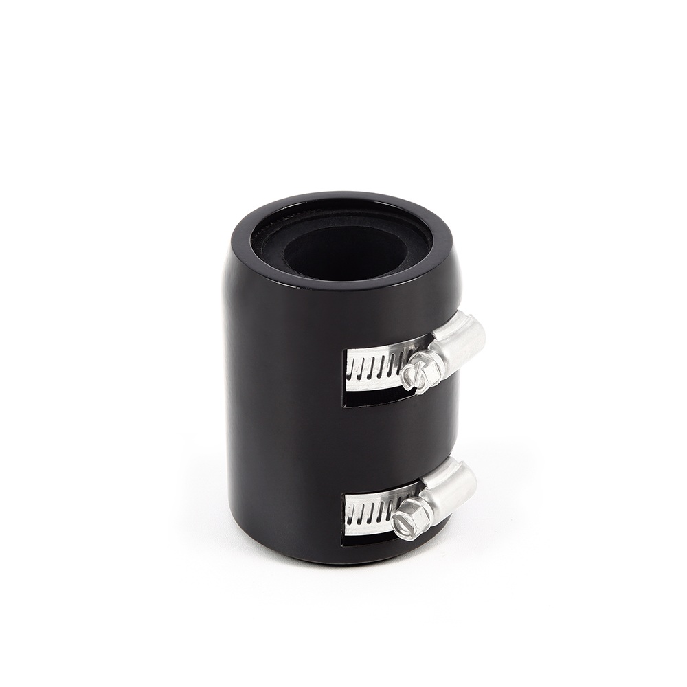Mishimoto universal stainless steel hose kit showing flexible black hose and aluminum adapters