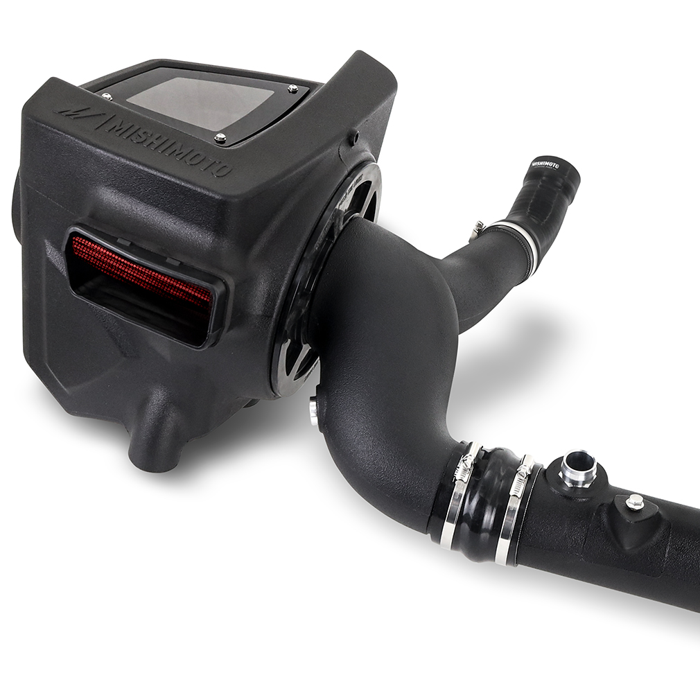Mishimoto intake kit components including silicone couplers, clamps, and mounting hardware