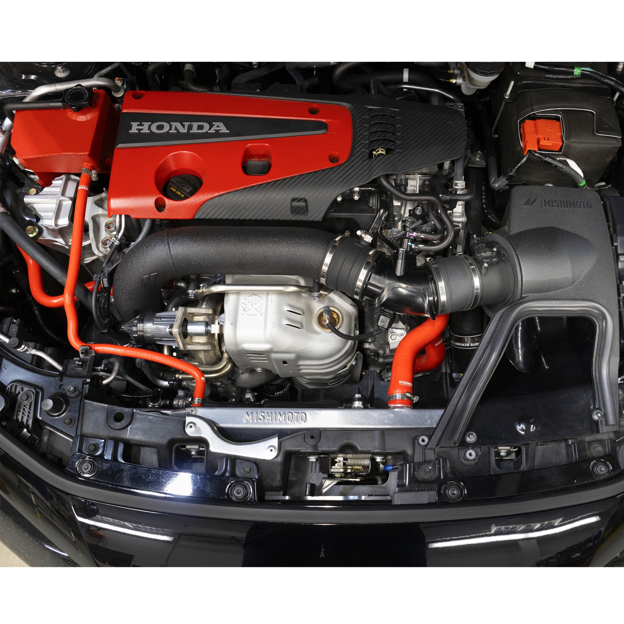 Mishimoto Lifetime Warranty badge on Civic Type R performance air intake system