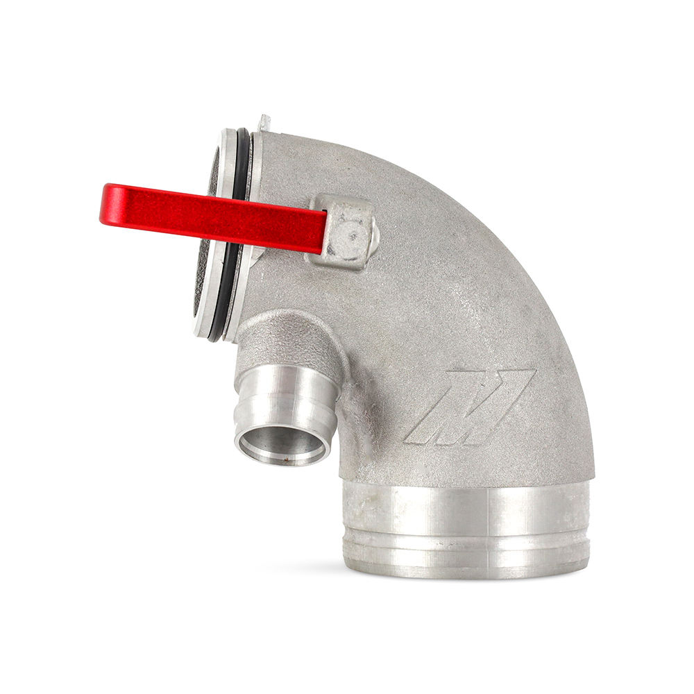 Mishimoto turbo inlet pipe with silver aluminum hose fitting for Golf GTI, Golf R, and Audi S3