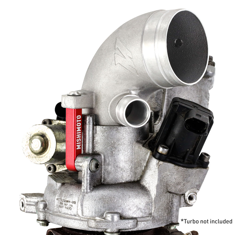 Natural-finish cast aluminum Mishimoto turbo inlet pipe compared to restrictive stock plastic unit