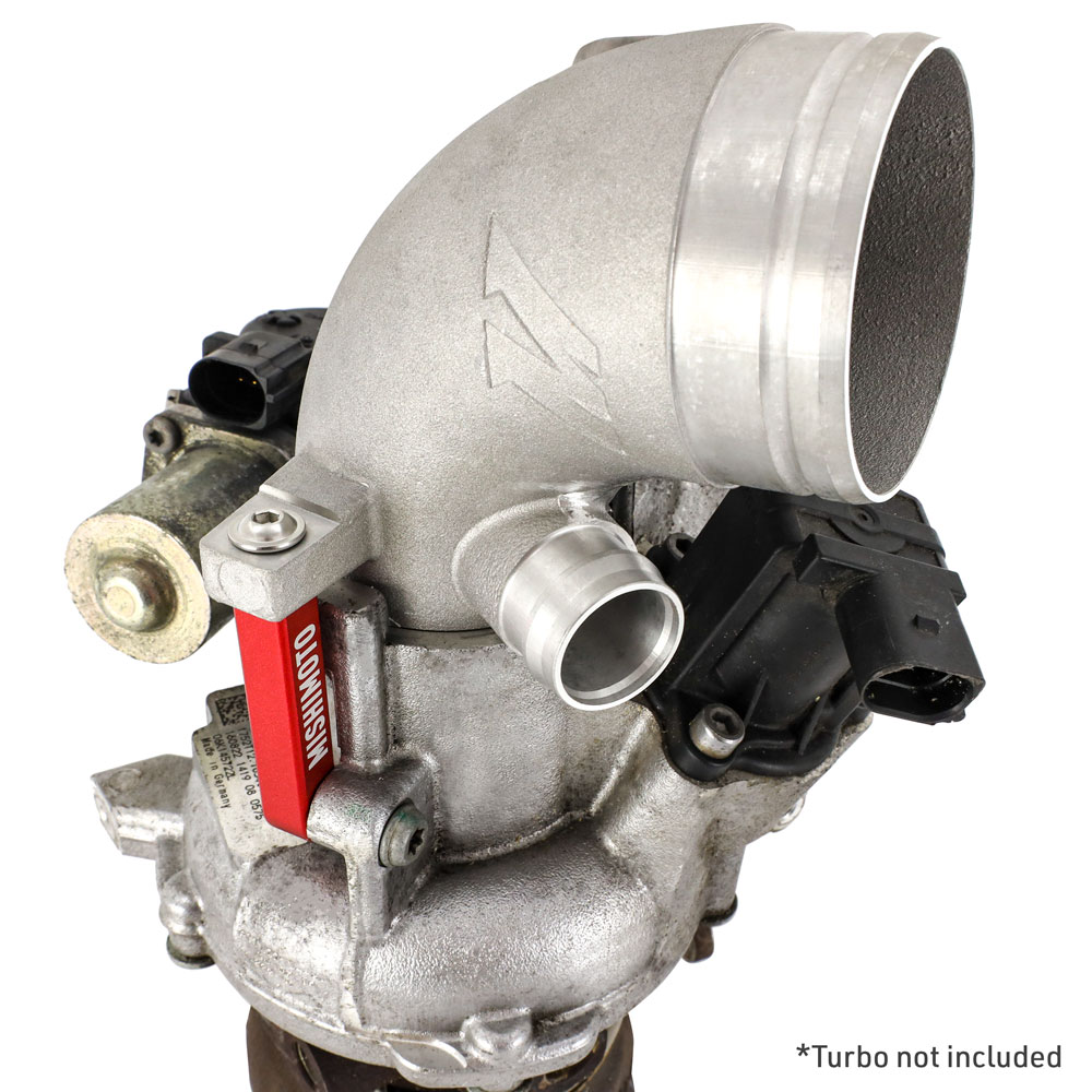 Solid CNC-machined aluminum mount on Mishimoto turbo inlet pipe ensuring a secure, leak-free fit