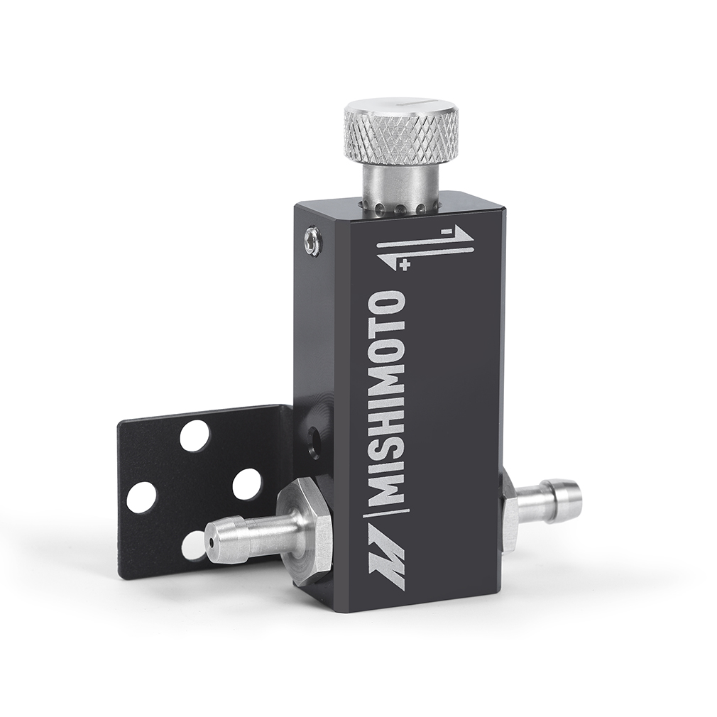 Close-up of the knurled stainless-steel adjustment knob on the Mishimoto manual boost controller