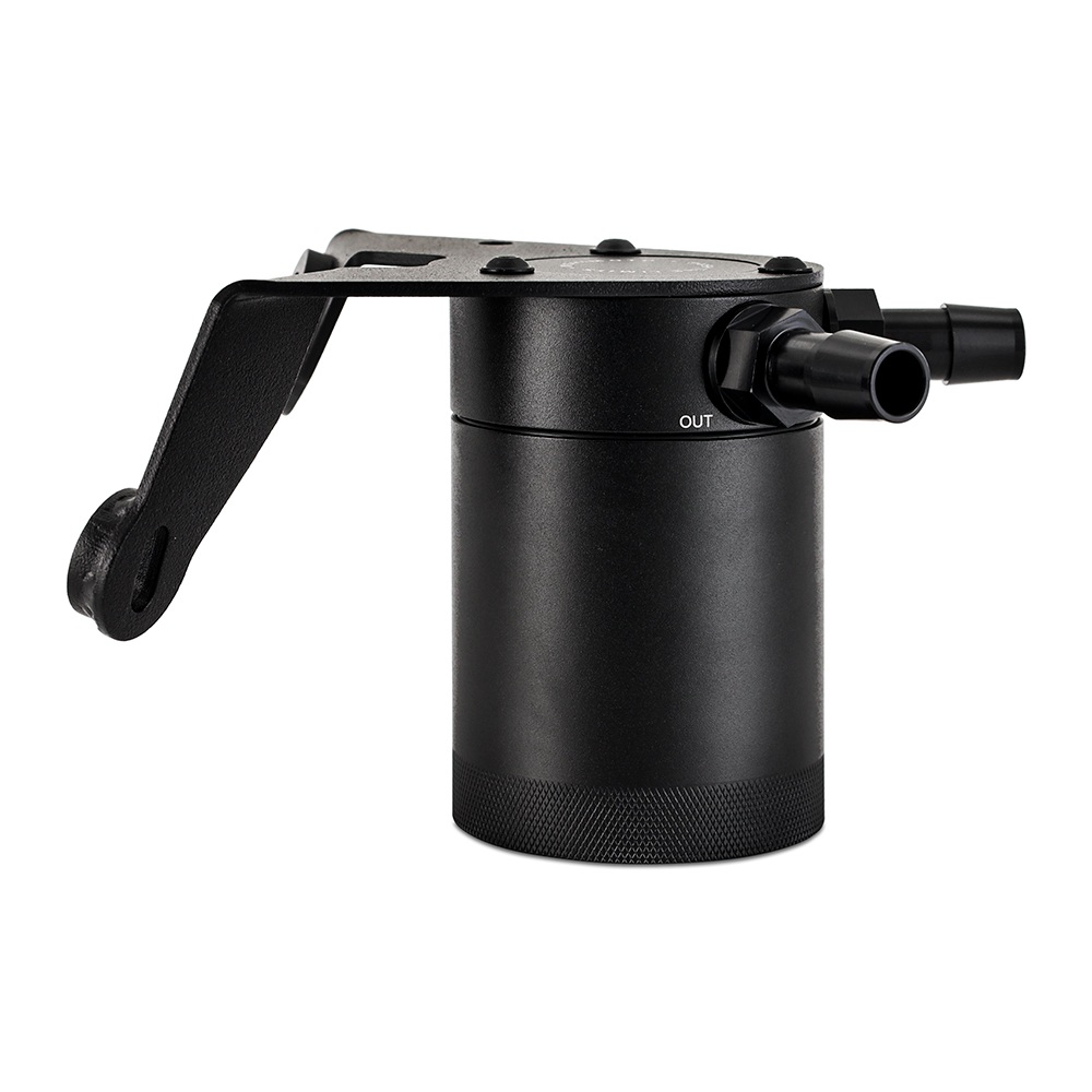 Twist-off Mishimoto catch can showing internal baffle and 50-micron sintered bronze filter