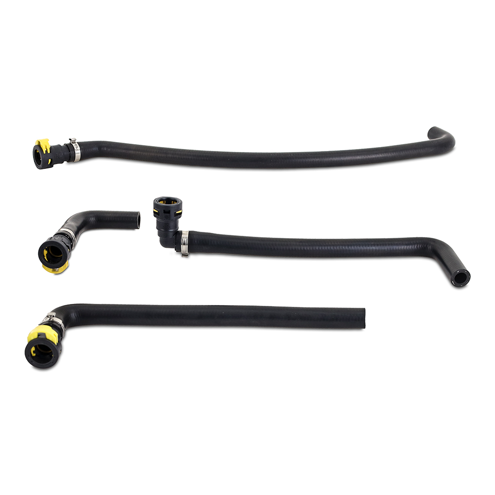Ford-specific quick-disconnect fittings and molded hoses included with Mishimoto catch can kit
