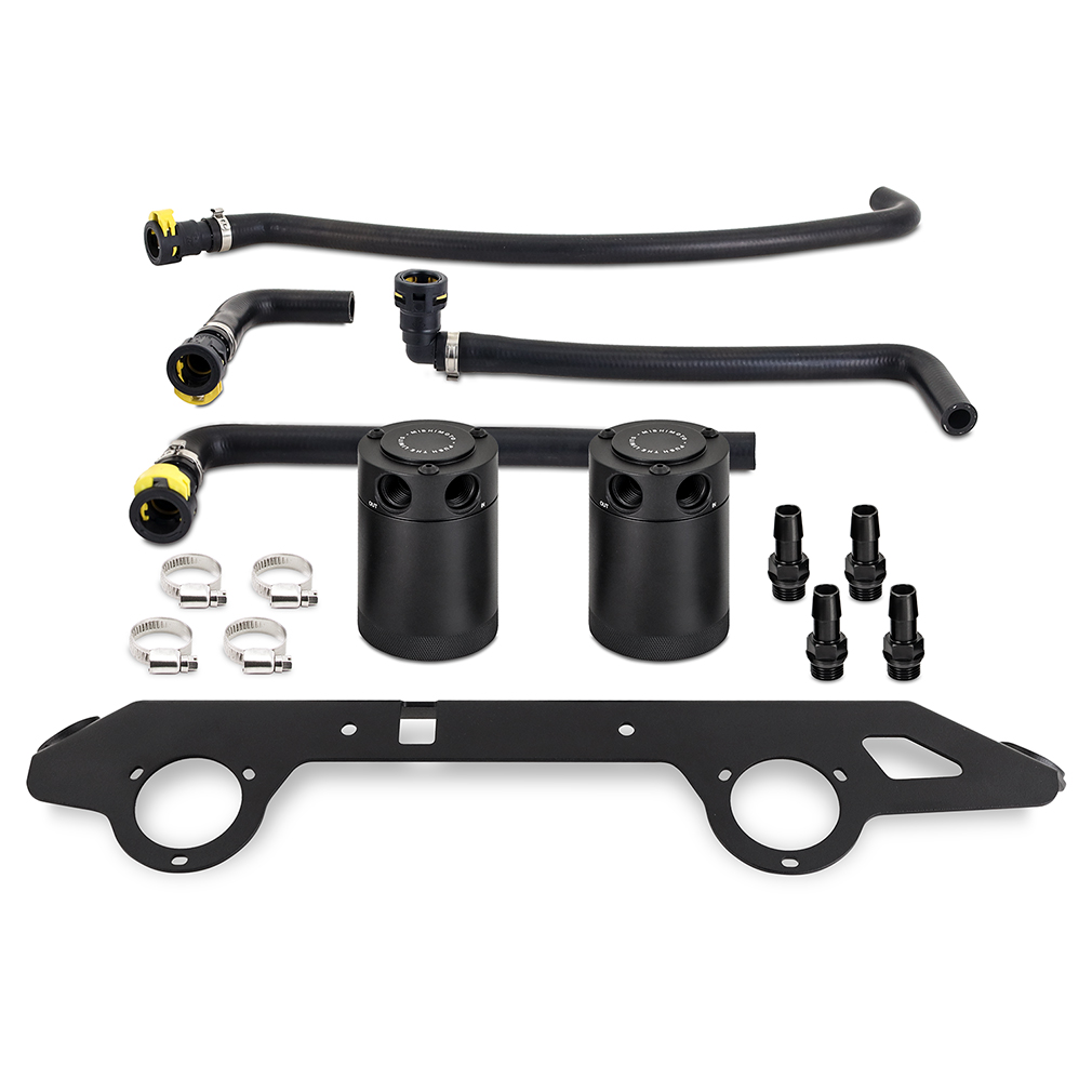 Mishimoto black anodized dual baffled oil catch can system for 2023+ Ford Bronco 2.7L EcoBoost