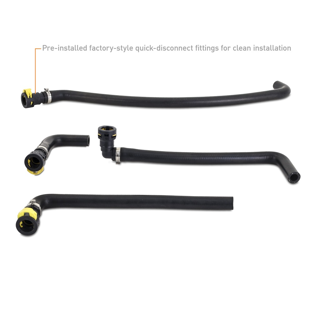Mishimoto catch can system installed with molded hoses and Ford-specific quick-disconnect fittings