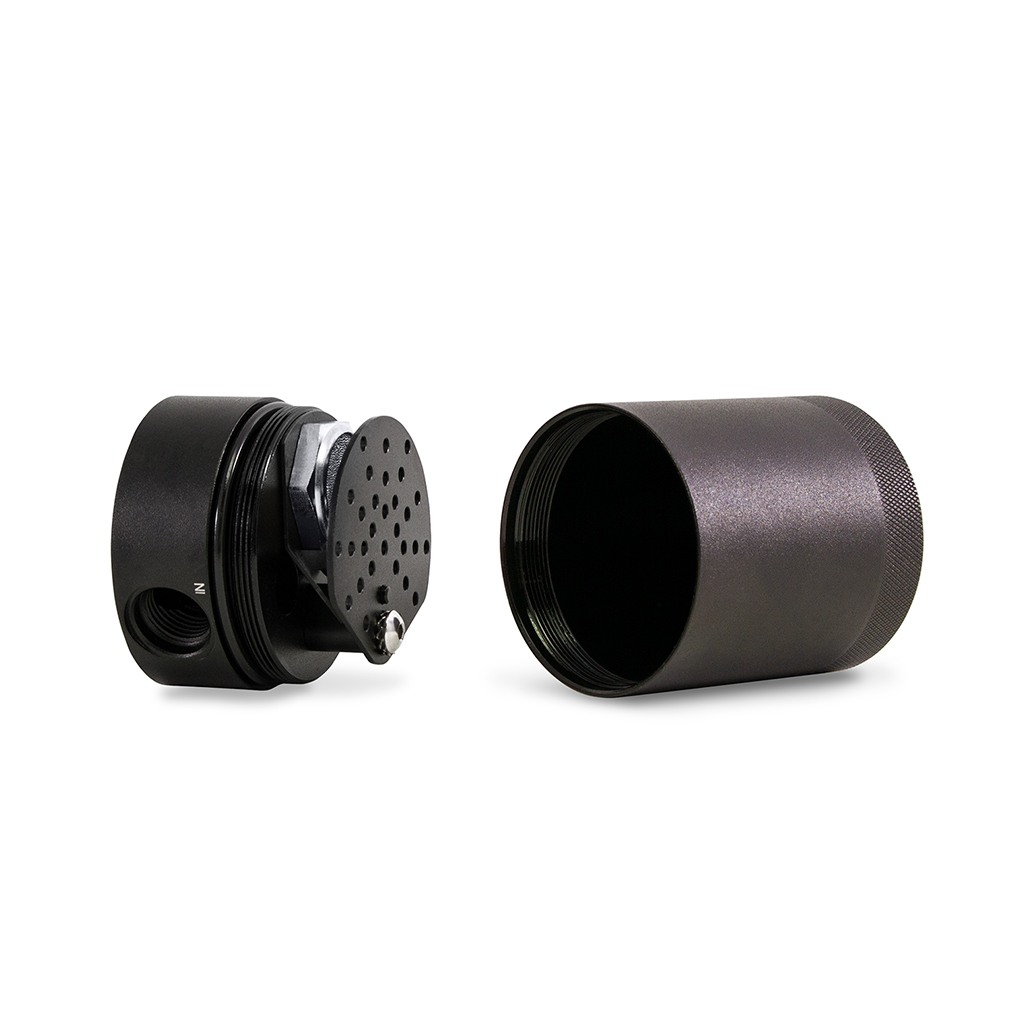 Close-up of catch can inlet and outlet ports with 0.6-inch inside diameter on Mishimoto MMBCC-BR27-23S