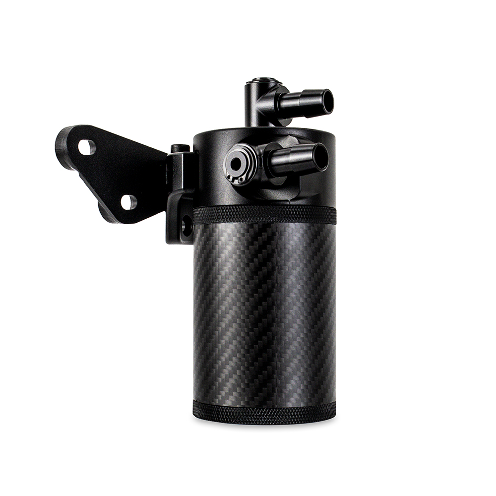 Carbon fiber twill weave catch can with black anodized aluminum body from Mishimoto