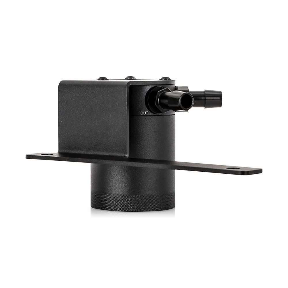 Close-up of catch can drain plug and 0.6 in inlet and outlet ports on Mishimoto Explorer ST kit