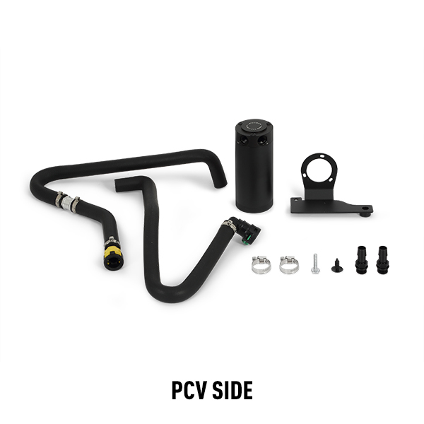 Dual 7.5 oz and 12 oz billet aluminum catch cans with anodized black finish on steel bracket