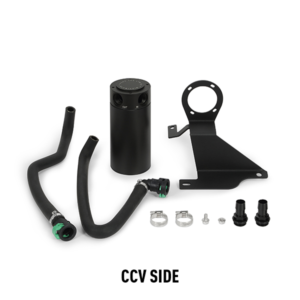 Mishimoto catch can kit installed with stock-style quick-disconnect fittings and hoses