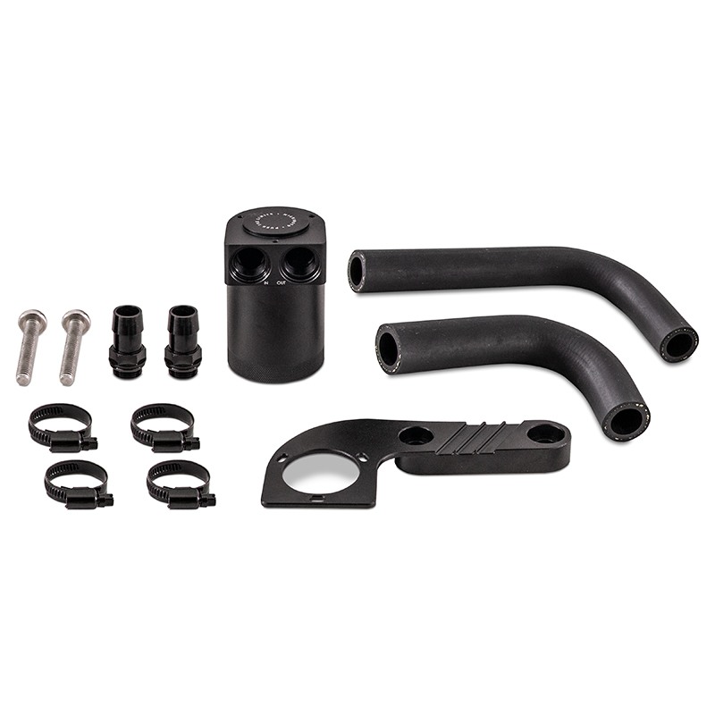 Mishimoto black anodized baffled oil catch can kit for 2015-2020 BMW M3 and M4, part MMBCC-F80-15CBE