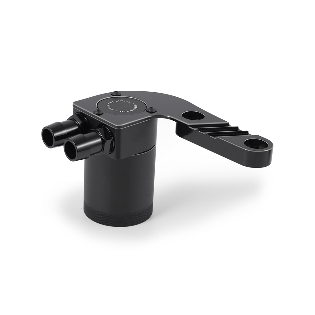 Billet 6061-T6 aluminum baffled oil catch can with anodized black finish and twist-off lid