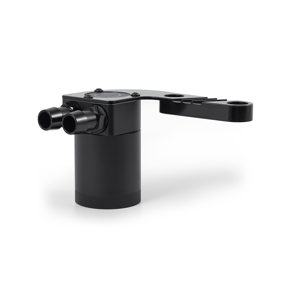 CNC-machined catch can lid with 3/4-in aluminum barbed fittings for direct-fit hoses