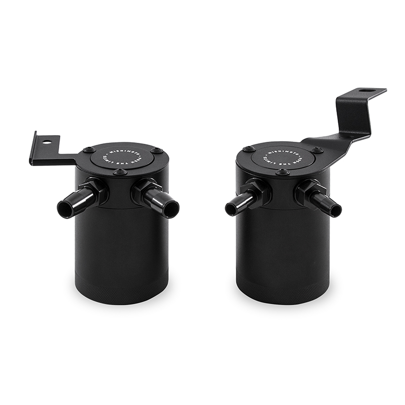 Mishimoto oil catch can direct-fit steel powder-coated mounting brackets installed in WRX engine bay