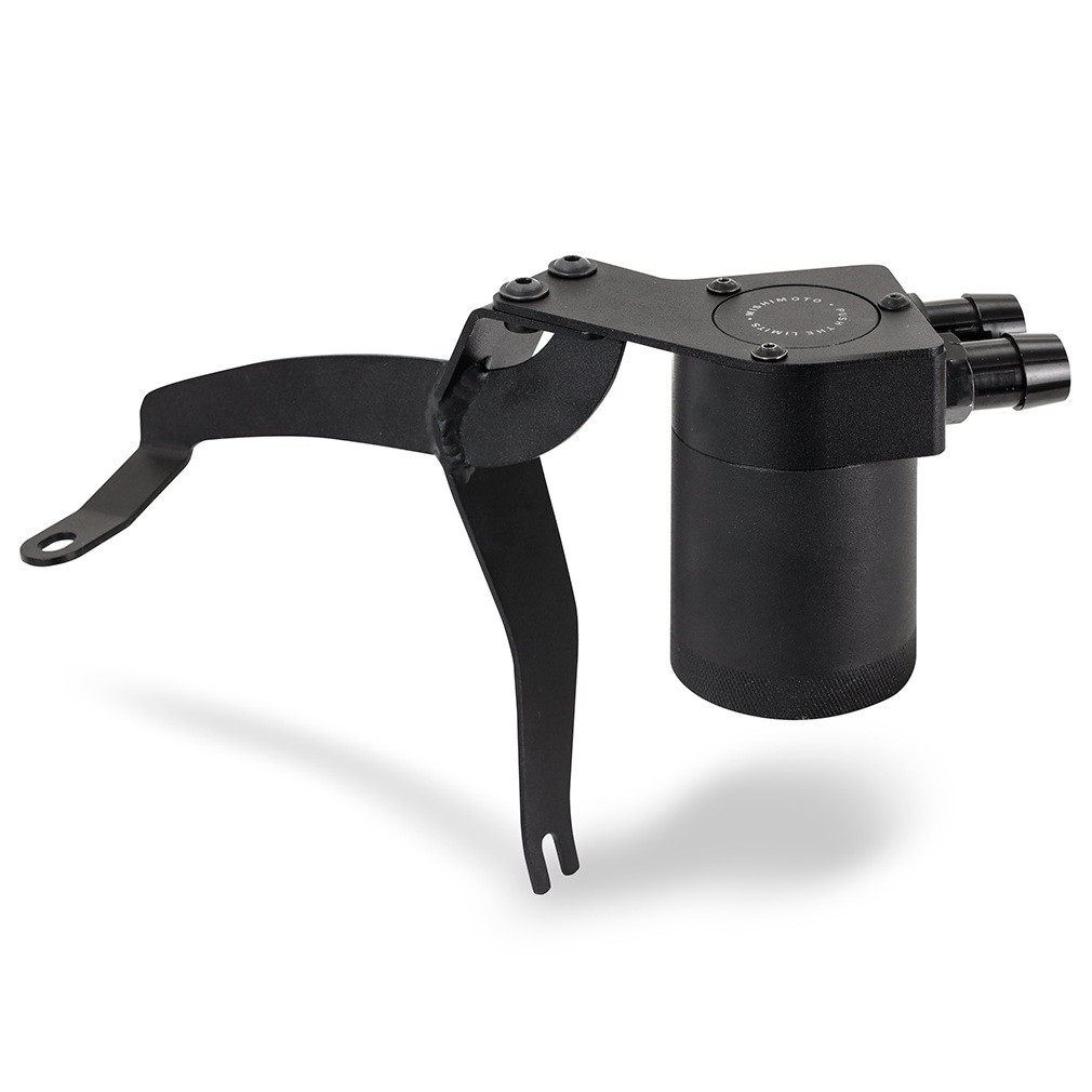 Black anodized 6061 aluminum catch can with CNC-machined fittings for Subaru WRX PCV system