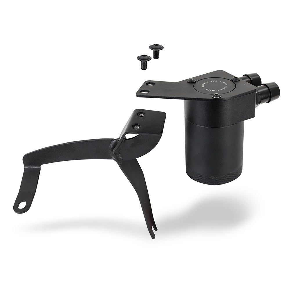 Internal air diverter baffle and 50-micron bronze filter inside Mishimoto oil catch can