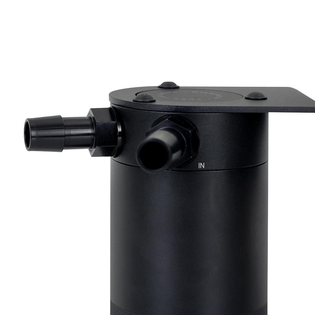 Black CNC-machined aluminum fittings on Mishimoto Nissan Z oil catch can