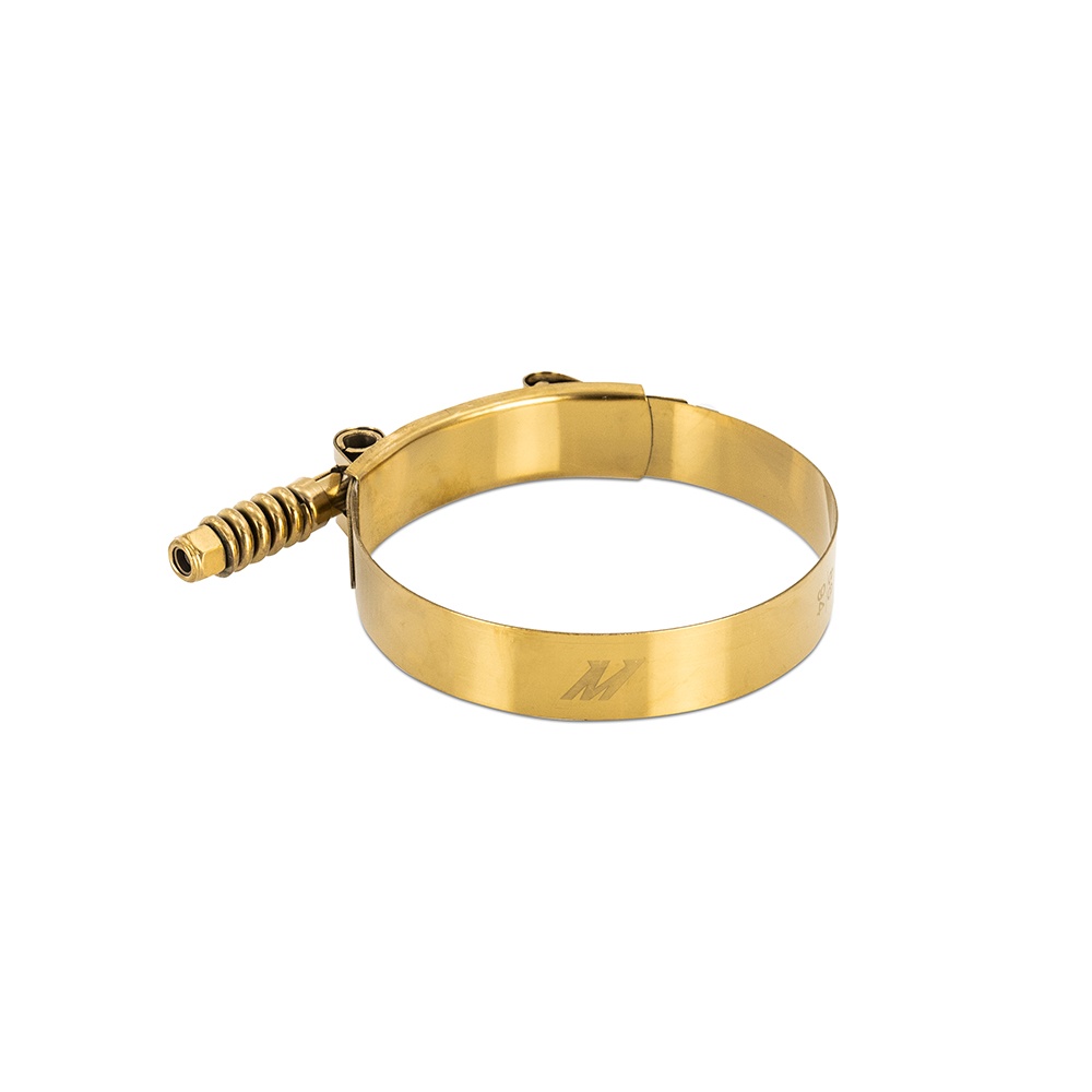 Close-up of Mishimoto constant tension T-bolt clamp spring mechanism for consistent hose clamping pressure