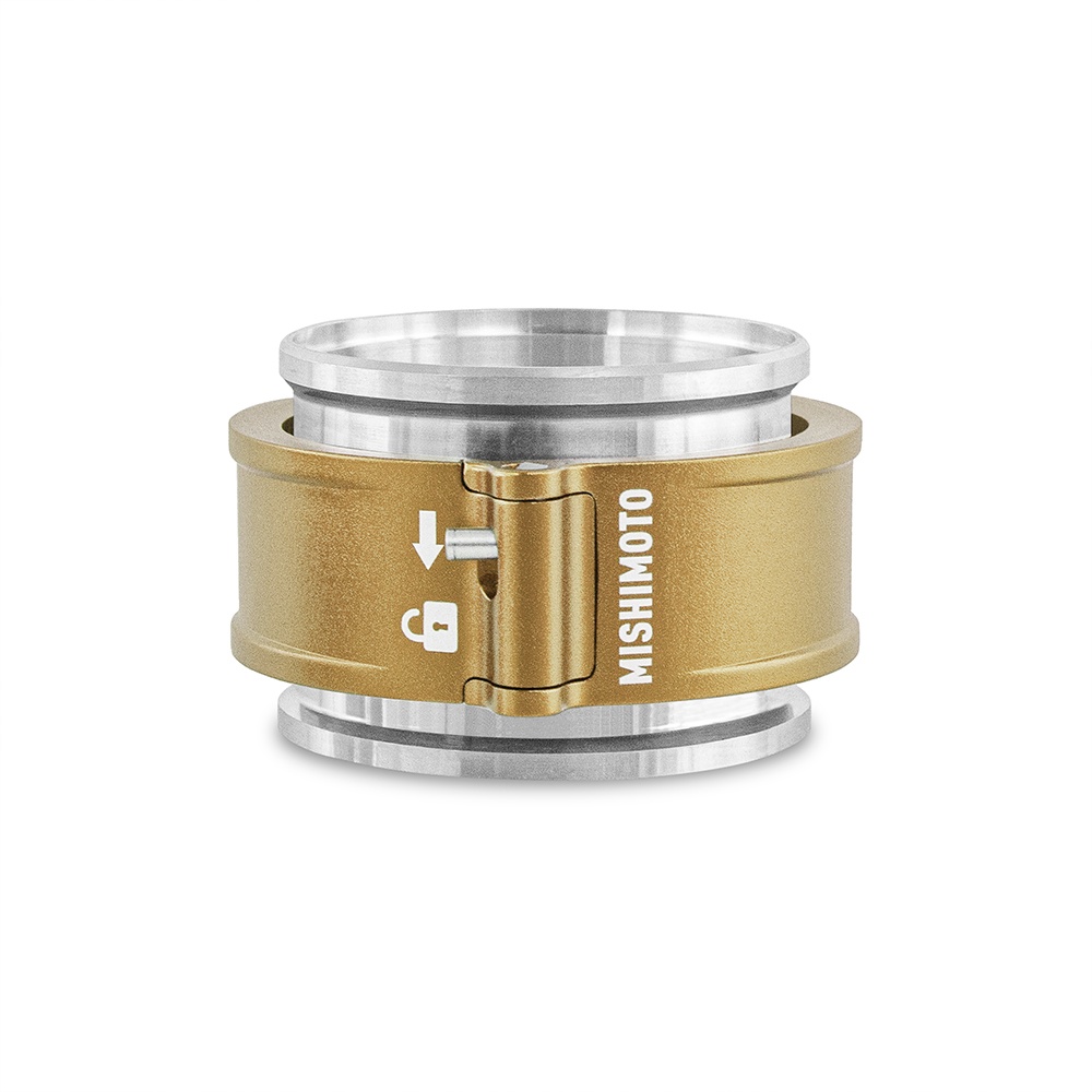 Mishimoto MMCLAMP-QD-25GD gold anodized 2.5" quick release clamp assembly in billet aluminum
