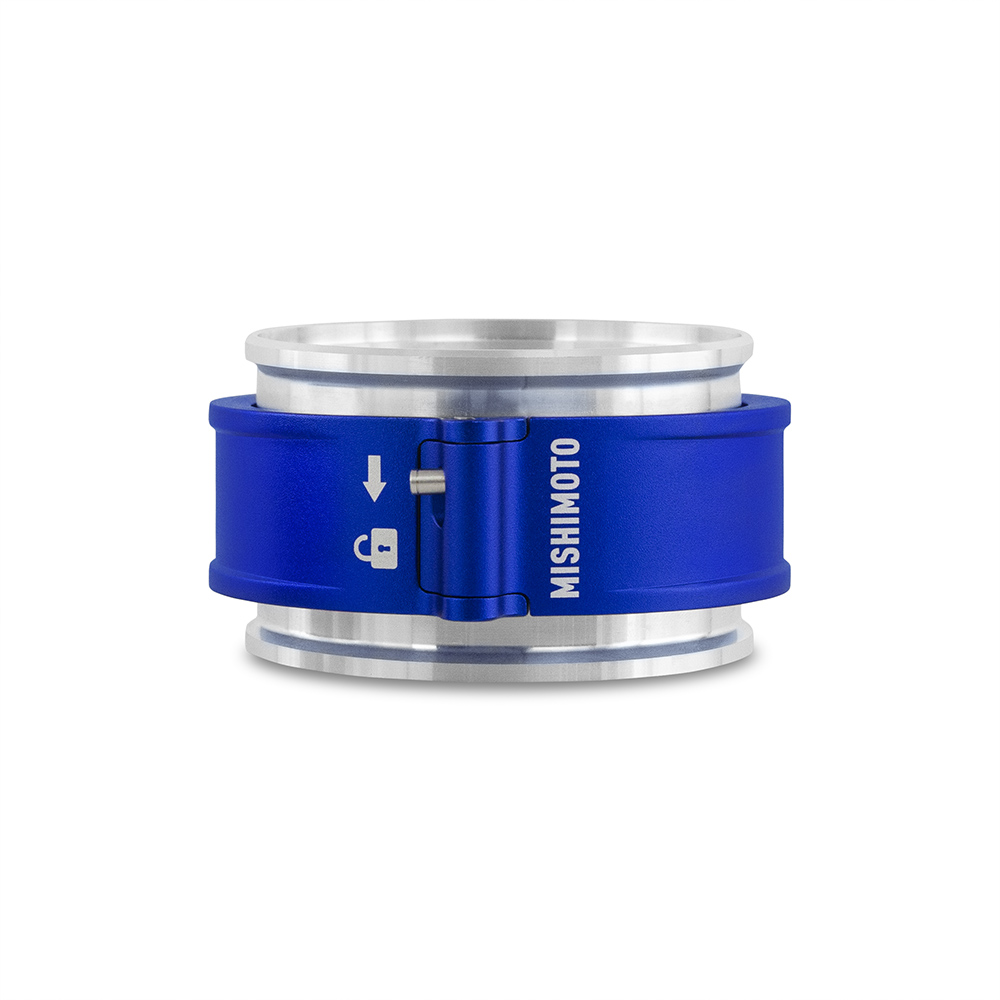 Blue anodized Mishimoto quick-disconnect clamp with locking pin for custom piping fabrication