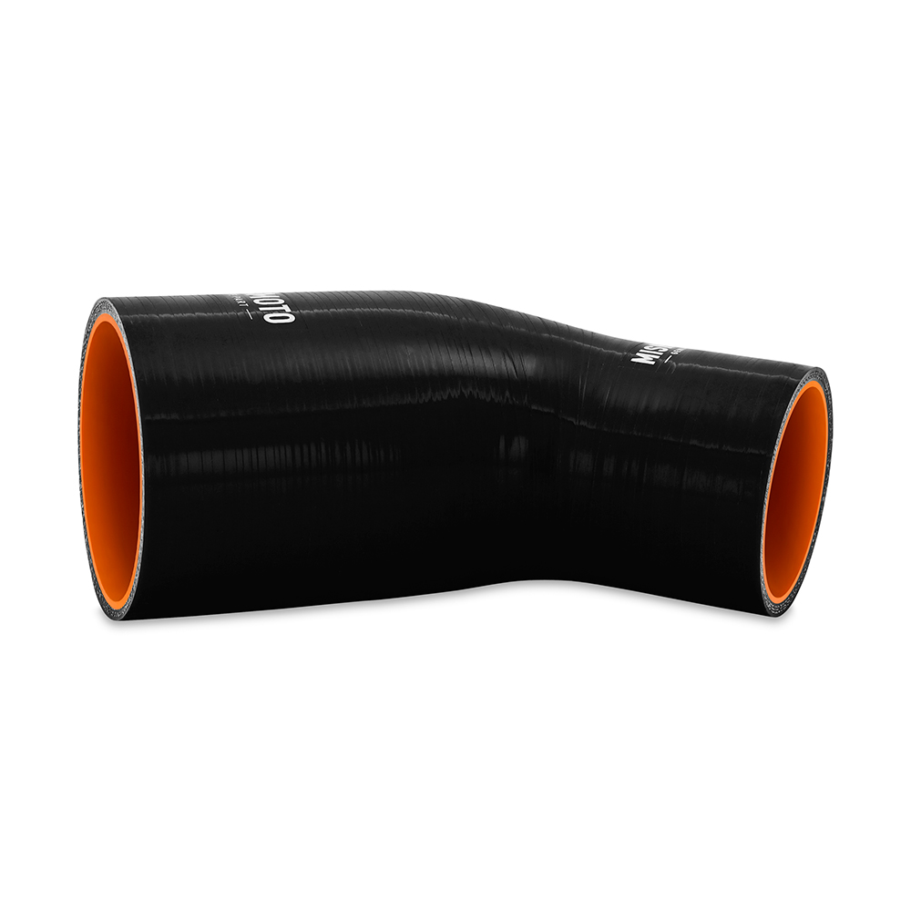 Black silicone 45-degree transition elbow coupler by Mishimoto for air intake or coolant systems