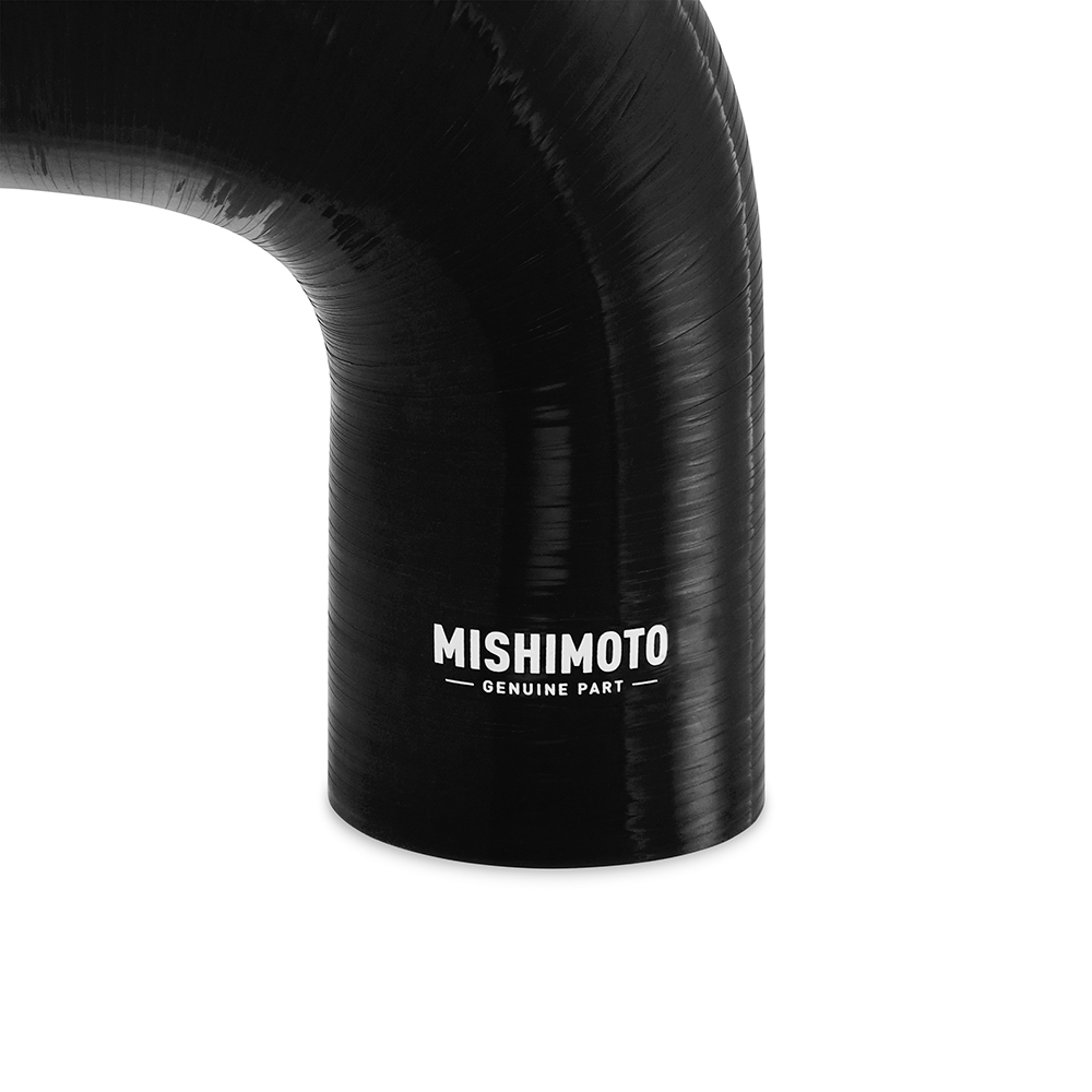 Mishimoto 90-degree transition elbow coupler shown with 2.2 inch and 3.2 inch end diameters
