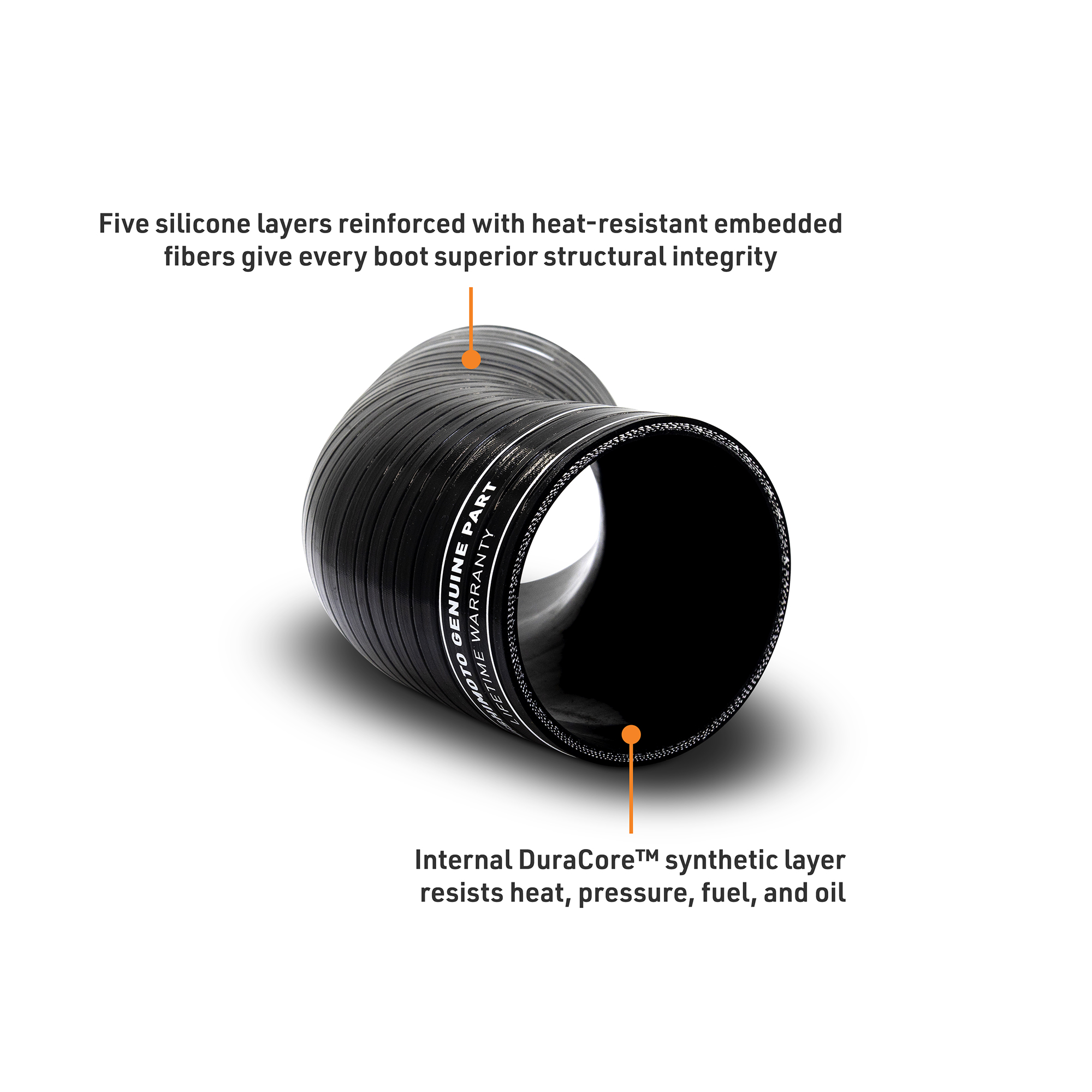 Five-layer silicone intercooler boot with heat-resistant embedded fibers and reinforcing rings