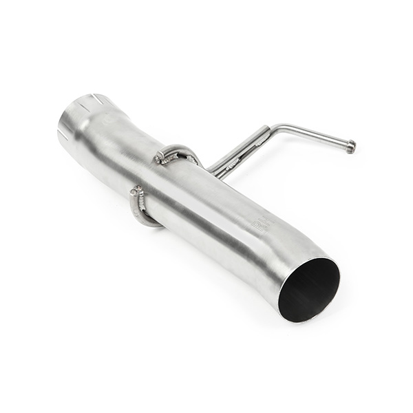 Close-up of Mishimoto polished double-wall exhaust tip with angle cut and slip-fit connection