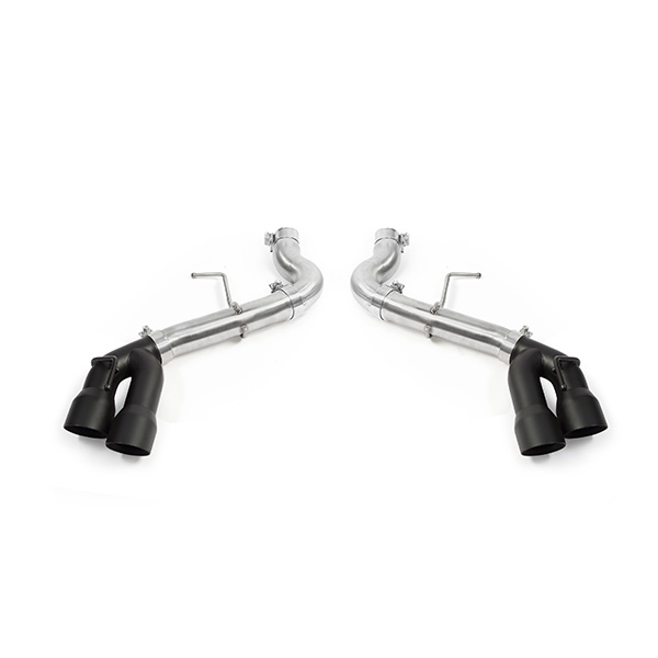 Close-up of Mishimoto 4-inch double-wall matte black exhaust tips with angled cut
